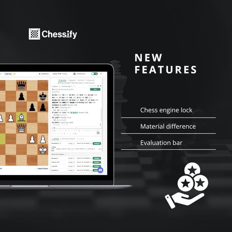 New Features: Lock Chess Engines, See Material Difference, & Add Evaluation Bar