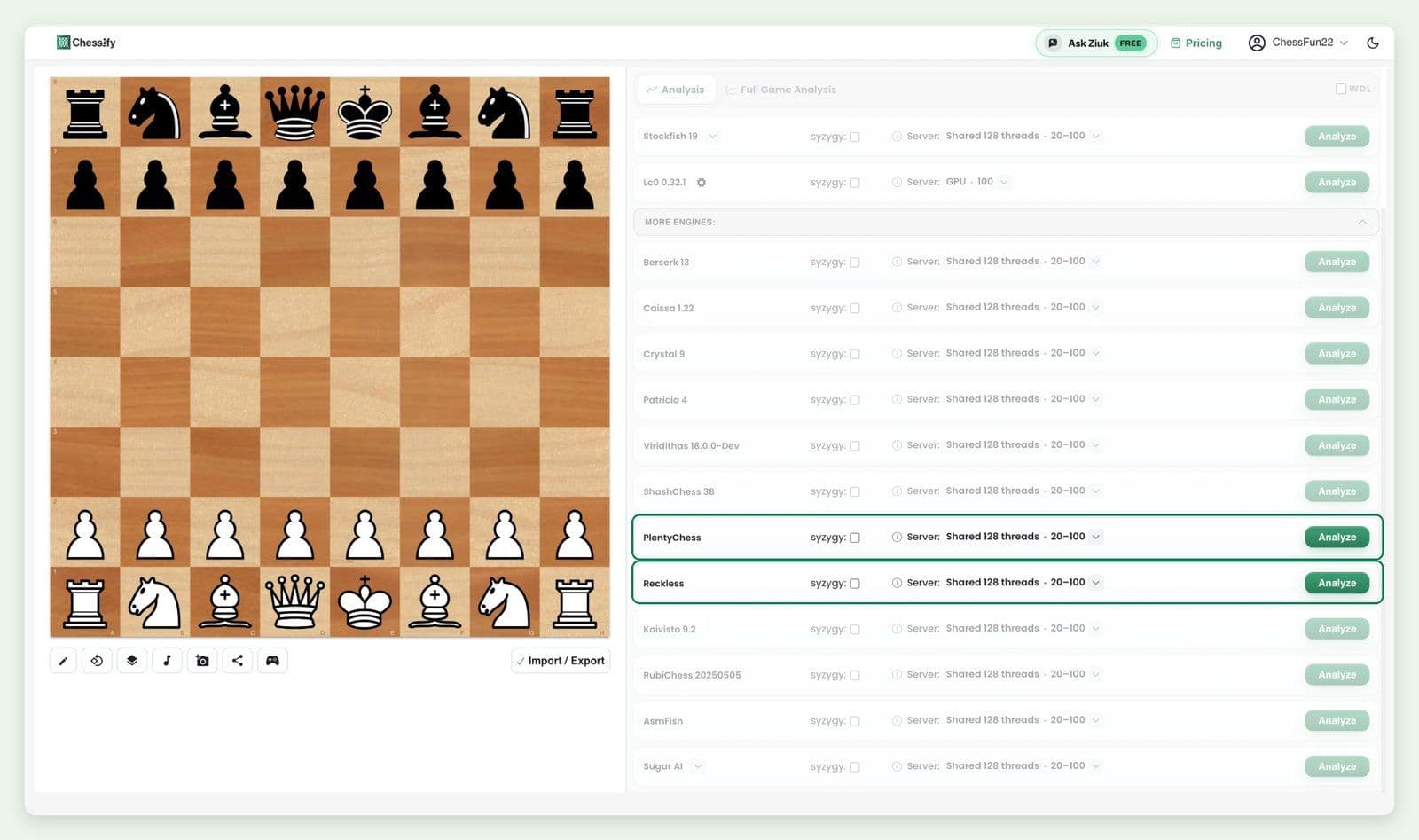Chessify analysis page with Reckless and PlentyChess highlighted in the engine list.